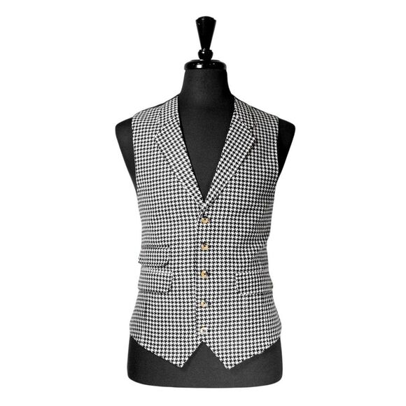 Mens Vest 44R Black White Houndstooth Check Wool Waistcoat Formal Wedding Party - Picture 1 of 10